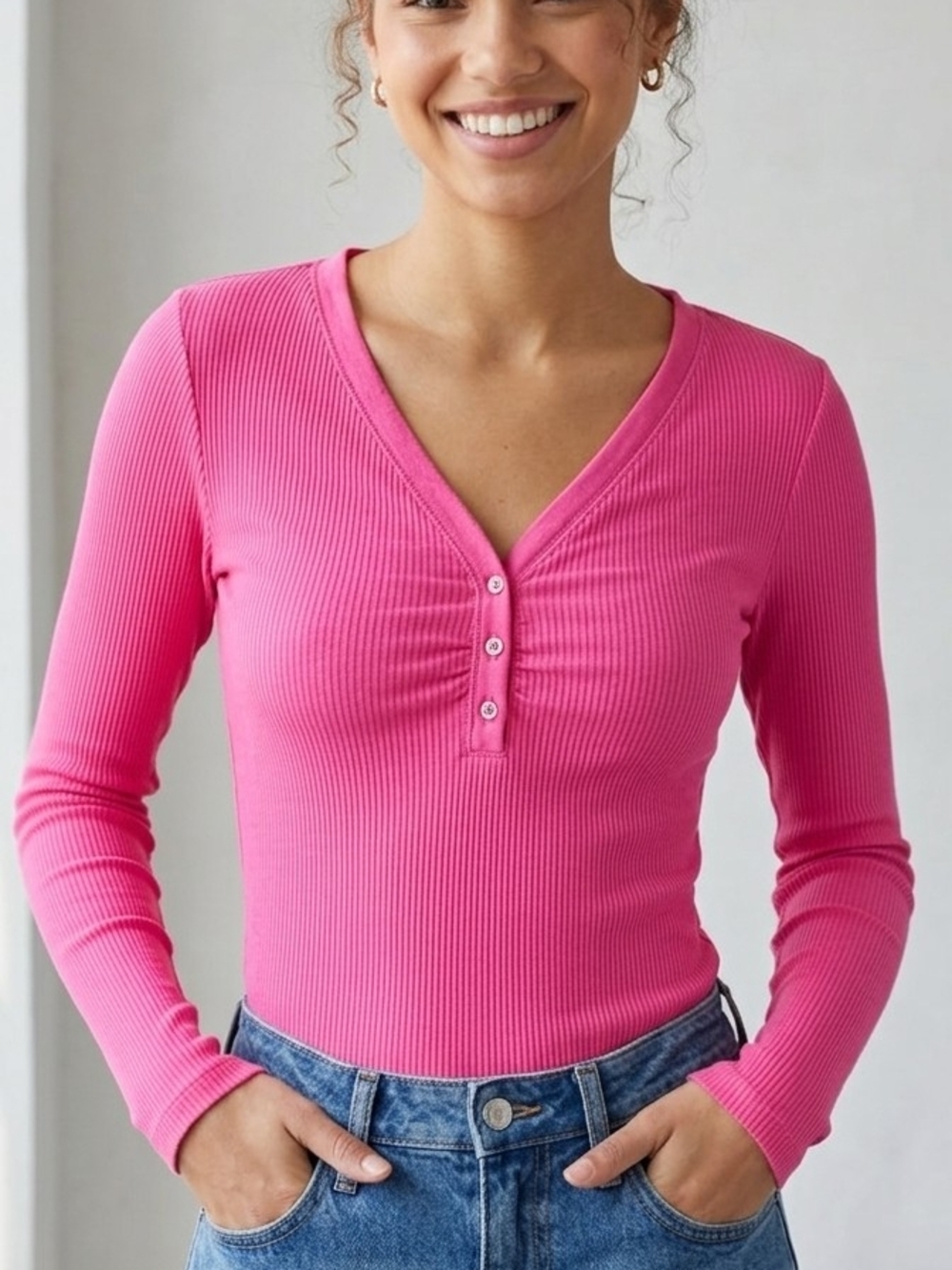 Ribbed V-Neck Henley Long-Sleeve Top in Hot Pink.    (WS.  53)